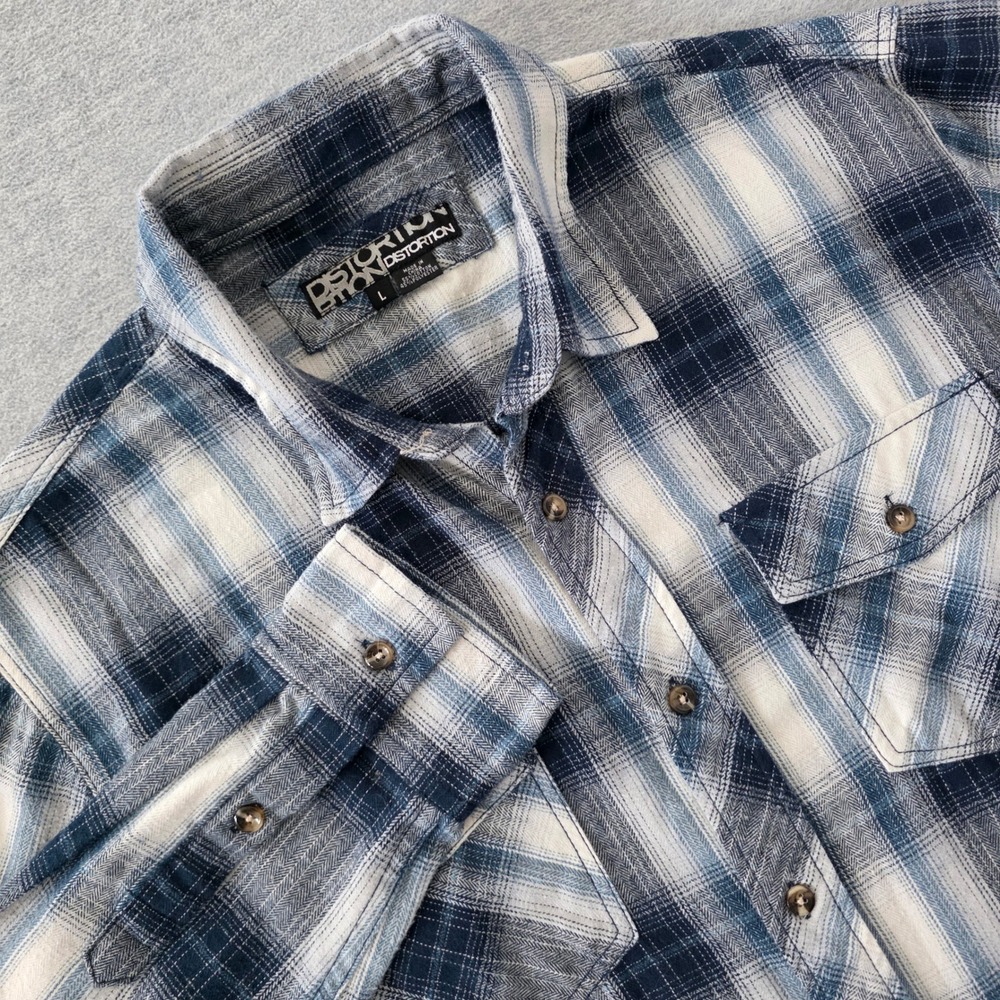 Distortion Mens Blue White Plaid Flannel Shirt Long Sleeve Button Down Large